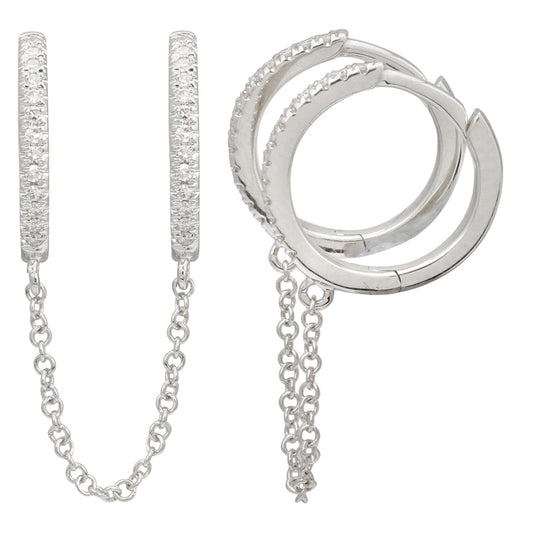 14k White Gold Double Diamond Huggie Chain Earrings