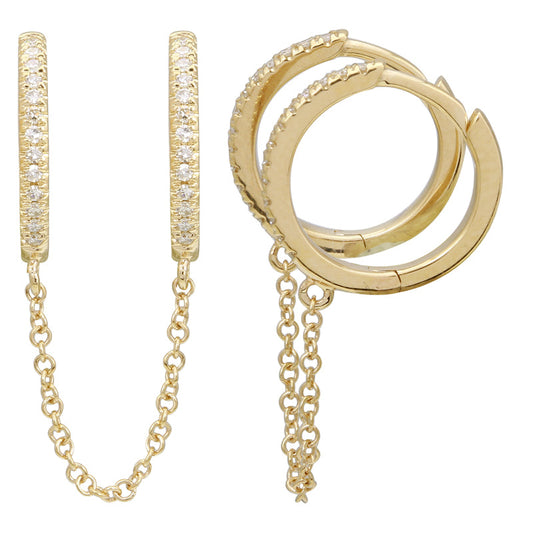 14k Yellow Gold Double Diamond Huggie Chain Earrings