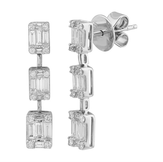 14k White Gold Illusion Emerald Baguette Drop Diamond Earrings 1.00ctw