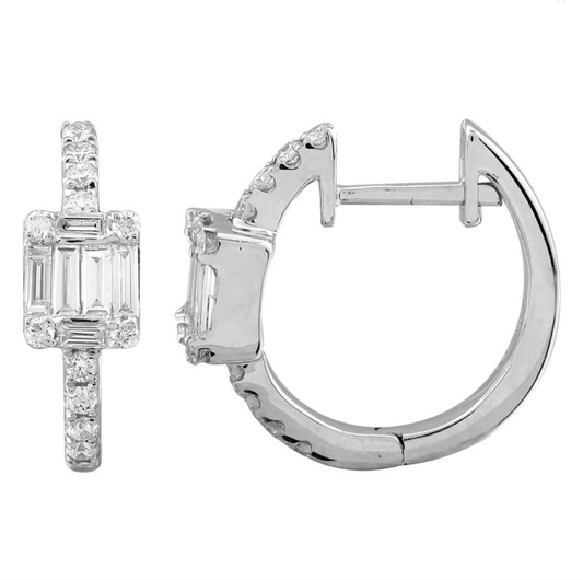 14k White Gold Illusion Emerald Diamond Huggie Earrings 14.5mm