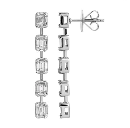 18k White Gold Illusion Emerald Diamond Dangling Earrings