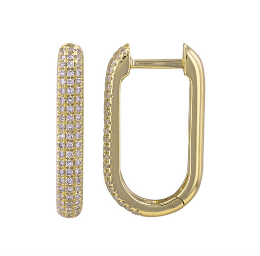 14k Yellow Gold Rectangle Diamond Hoop Earrings 19mm