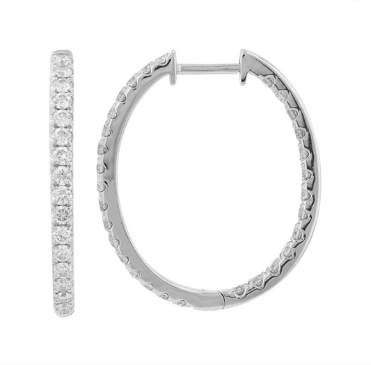14k White Gold Oval Inside Out Diamond Hoop Earrings 24mm