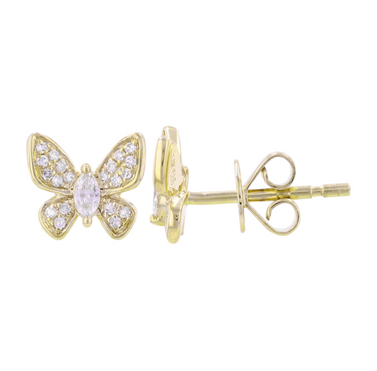 14k Yellow Gold Butterfly Diamond Stud Earrings