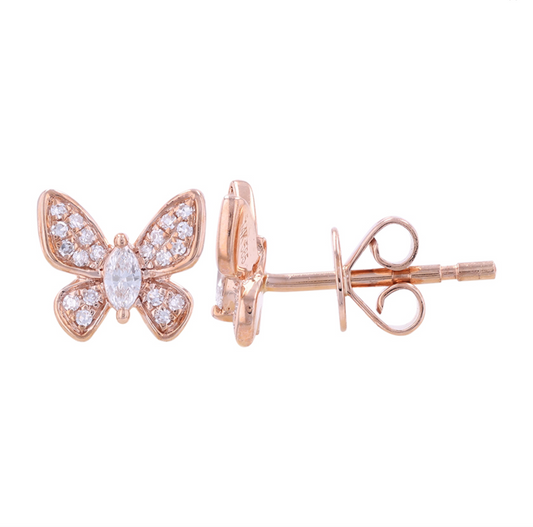 14k Rose Gold Butterfly Diamond Stud Earrings