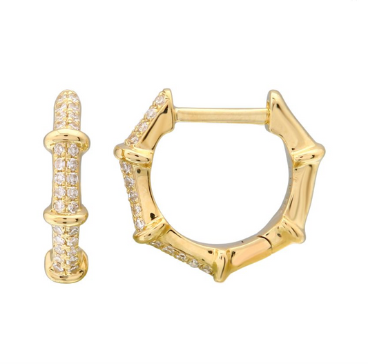 14k Yellow Gold Bamboo Diamond Huggie Earrings 11mm