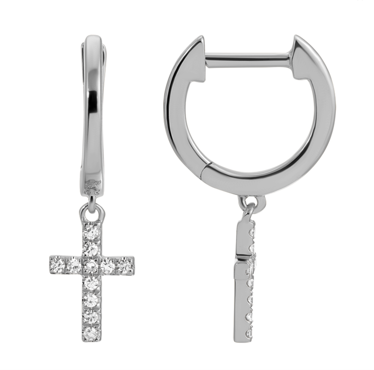 14k White Gold Dangling Diamond Cross Huggie Earrings – Jean