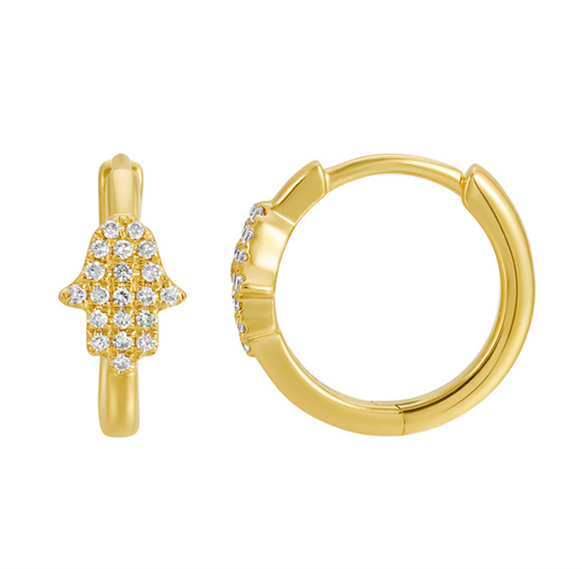 14k Yellow Gold Hamsa Diamond Huggie Earrings 11mm