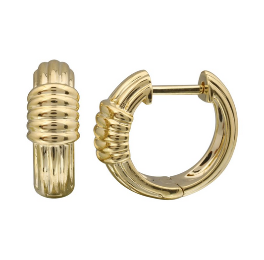 14k Yellow Solid Gold Fluted Lines Huggie Earrings 13mm