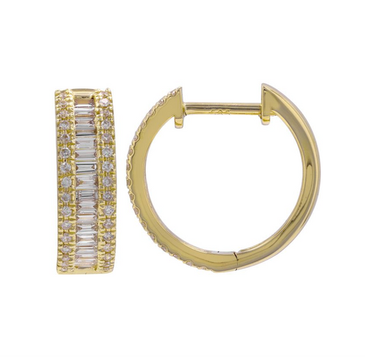 14k Yellow Gold Baguette Diamond Huggie Earrings 15mm