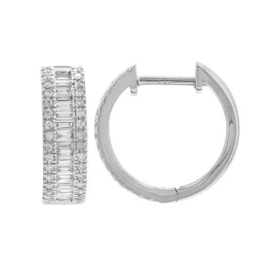 14k White Gold Baguette Diamond Huggie Earrings 15mm