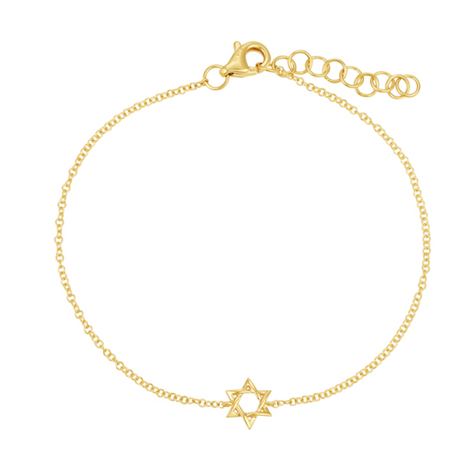 14k Yellow Solid Gold Star of David Chain Bracelet