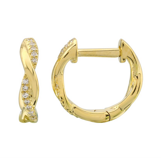 14k Yellow Gold Twist Diamond Huggie Earrings
