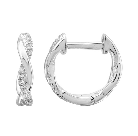 14k White Gold Twist Diamond Huggie Earrings
