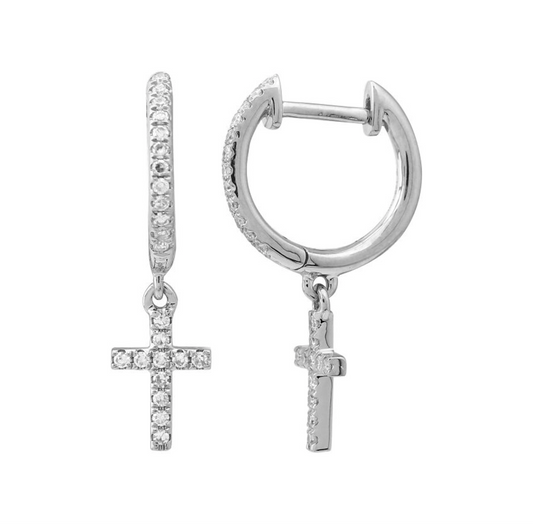 14k White Gold Dangling Cross Diamond Huggie Earrings