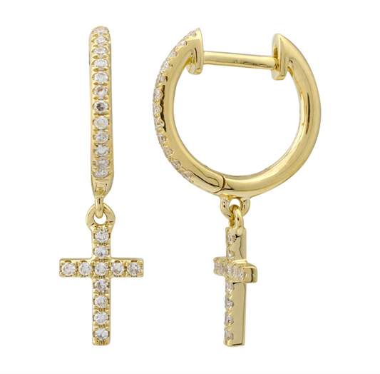 14k Yellow Gold Dangling Cross Diamond Huggie Earrings