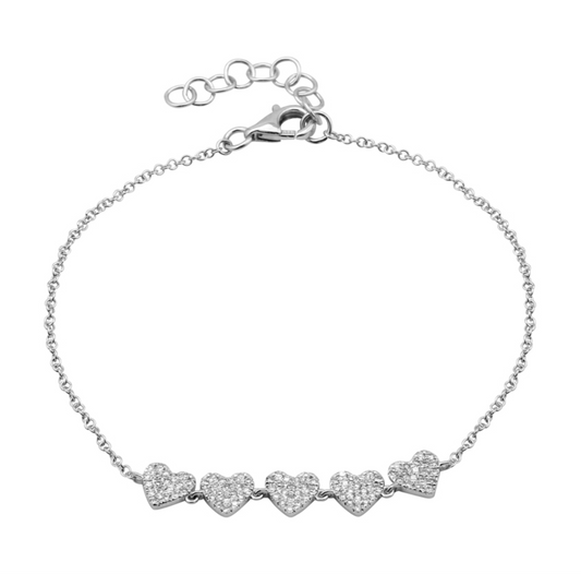 14k White Gold Five Heart Diamond Bracelet .25ctw
