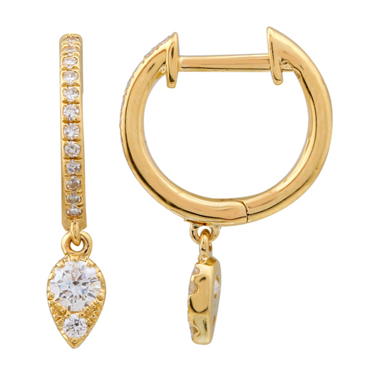 14k Yellow Gold Dangling Pear Shape Drop Diamond Huggie Earring