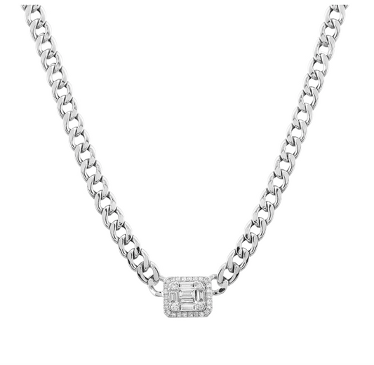 14k White Gold Illusion Emerald Diamond Cuban Link Choker Necklace .25ctw