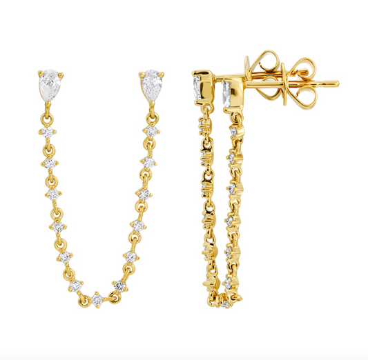 14k Yellow Gold Pear Double Stud Diamond Chain Earrings