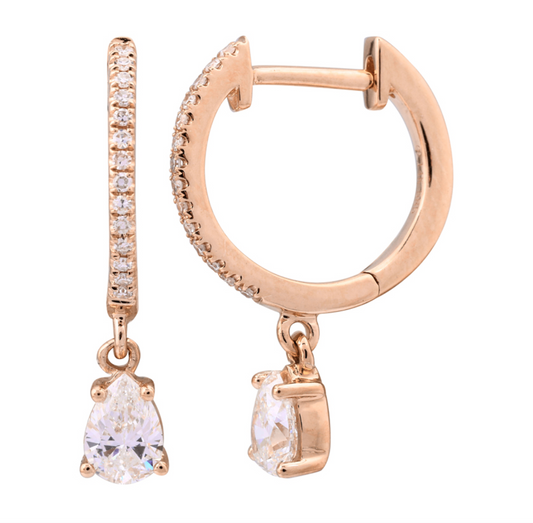 14k Rose Gold Pear Diamond Drop Huggie Earrings
