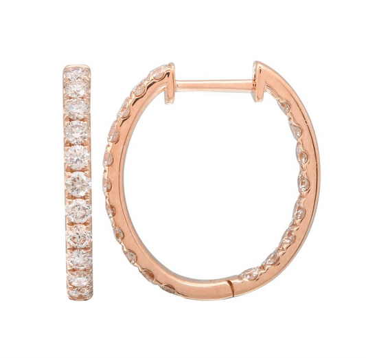 14k Rose Gold Oval Inside Out Diamond Hoop Earrings 18mm