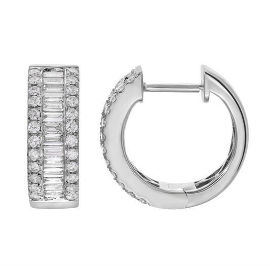 14k White Gold Baguette Diamond Huggie Earrings 15mm