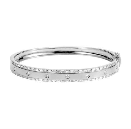14k White Gold Baguette Border Diamond Inlay Bangle 1.40ctw