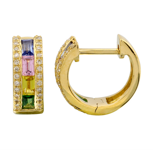 14k Yellow Gold Multi Gemstone Diamond Border Huggie Earrings 13mm