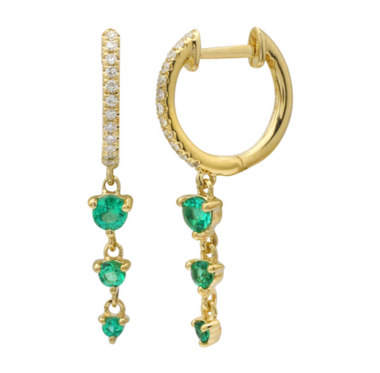 14k Yellow Gold Dangling Emeralds Huggie Earrings