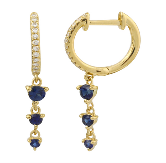 14k Yellow Gold Dangling Sapphires Huggie Earrings