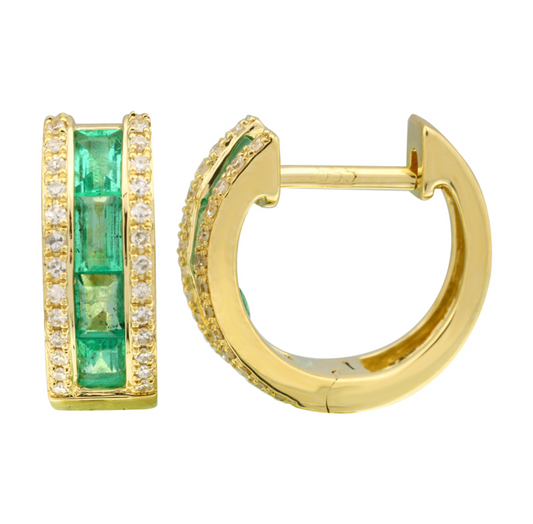 14k Yellow Gold Emerald Diamond Border Huggie Earrings 13mm