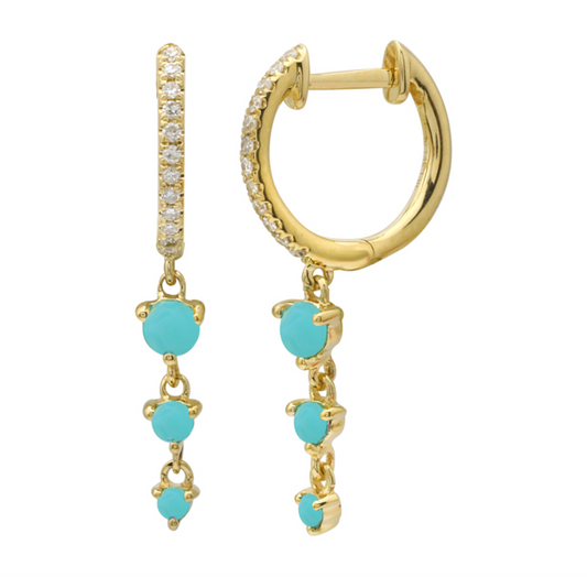 14k Yellow Gold Dangling Turquoise Huggie Earrings