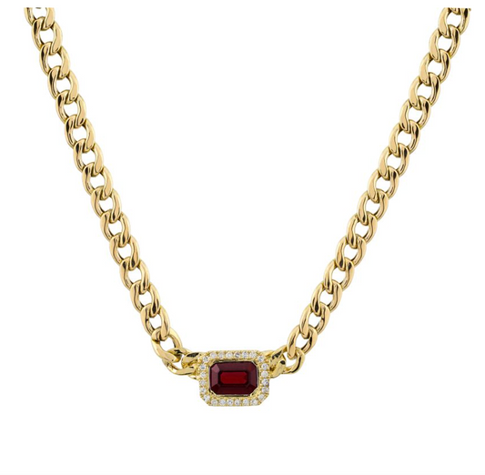 14k Yellow Gold Ruby Diamond Halo Cuban Link Choker Necklace