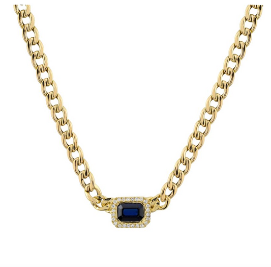 14k Yellow Gold Sapphire Diamond Halo Cuban Link Choker Necklace