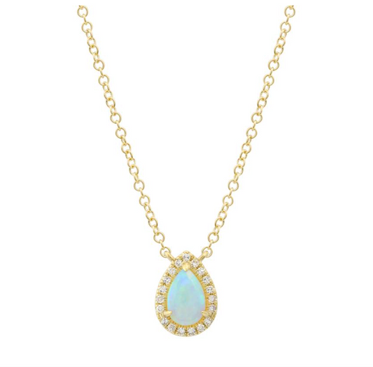 14k Yellow Gold Pear Opal Diamond Halo Necklace