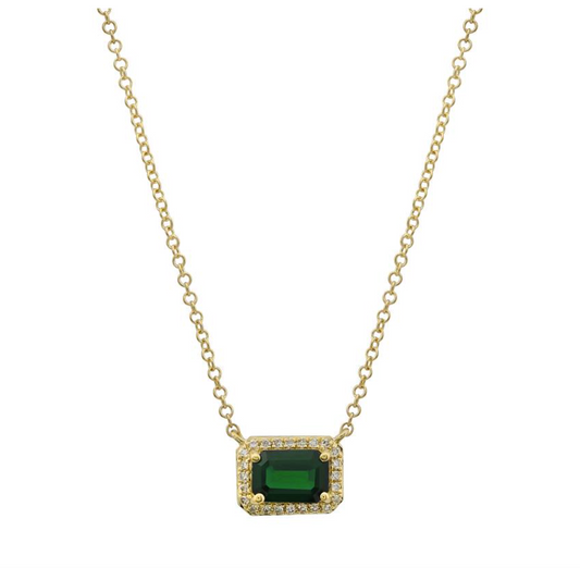 14k Yellow Gold Emerald Diamond Halo Necklace