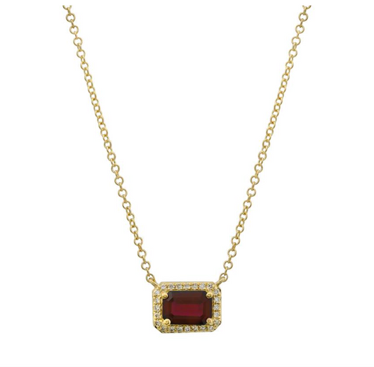14k Yellow Gold Ruby Diamond Halo Necklace