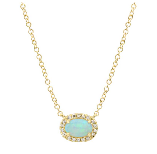 14k Yellow Gold Oval Opal Diamond Halo Necklace
