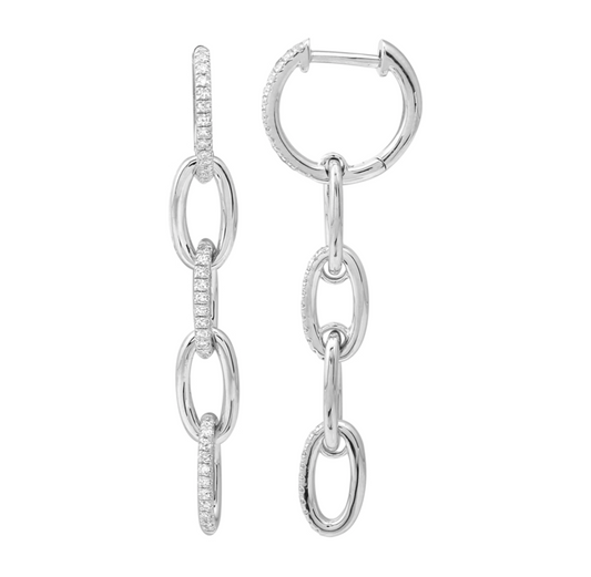 14k White Gold Link Dangling Diamond Earrings