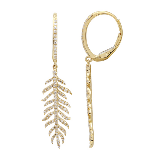 14k Yellow Gold Feather Diamond Earrings