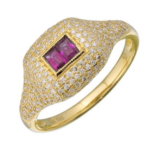 14k Yellow Gold Ruby Diamond Signet Ring