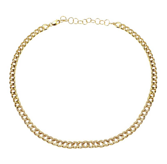 14k Yellow Gold Diamond Cuban Link Choker Necklace .90ctw