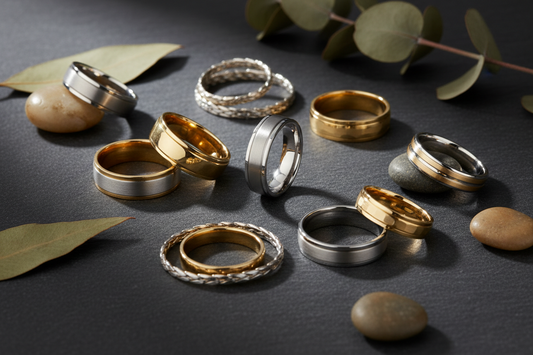 Different Styles Of Mens Bands - High Polish, Brushed Satin Finish, and Hammered Texture