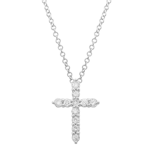 14k White Gold Diamond Cross Necklace 11mm