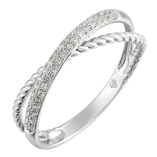 14k White Gold Pave Diamond & Twist Crossover Ring