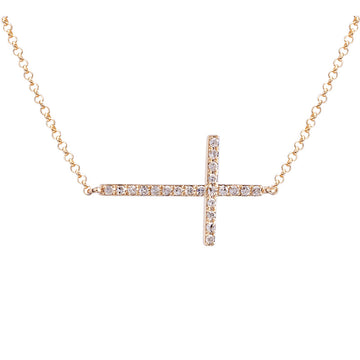 14k Yellow Gold Horizontal Diamond Cross Necklace