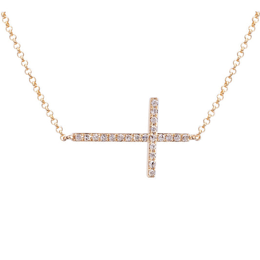 14k Yellow Gold Horizontal Diamond Cross Necklace