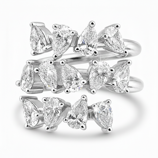 14k White Gold Alternating Lab Grown Pear Diamond Three Row Wrap Ring 3.50ctw