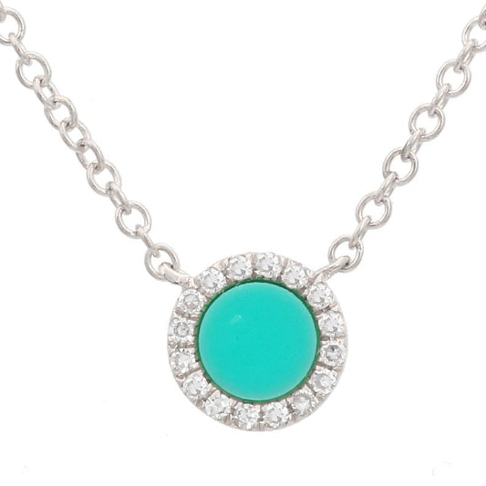 14k White Gold Mini Turquoise Diamond Circle Necklace